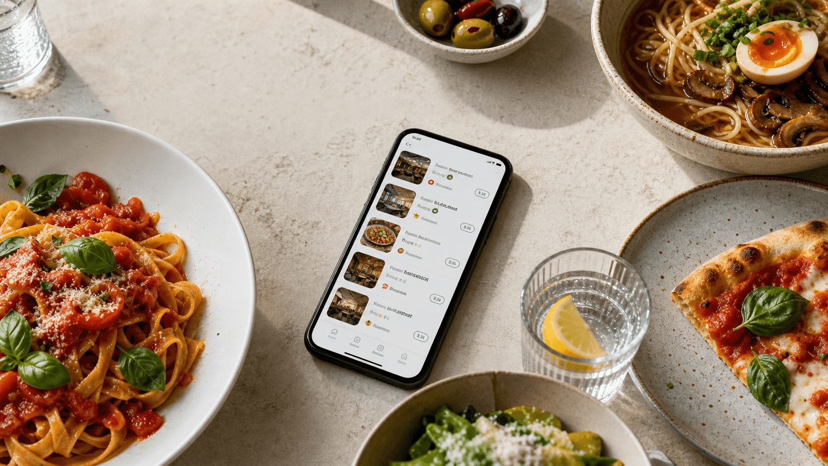 A phone showing a restaurant recommendation list on a dining table